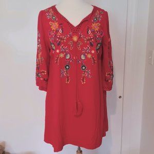 Umgee red floral embroidered v-neck tunic dress with tassel tie size small S